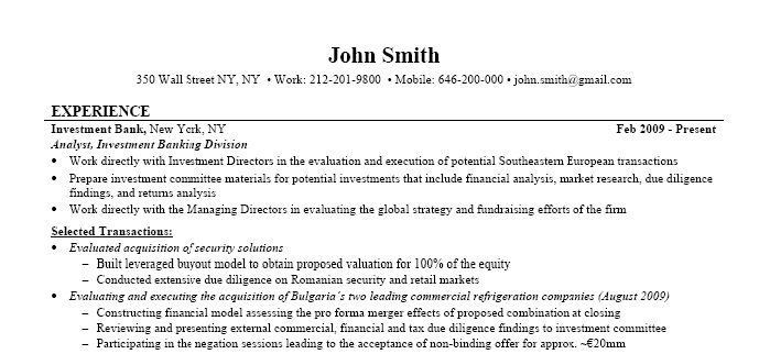 Resume investment banking example