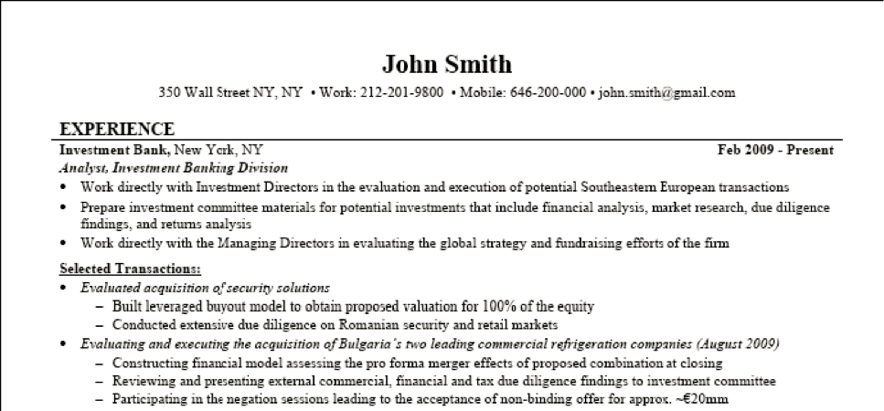 Financial Banker Resume Sample Investment Banking Resume